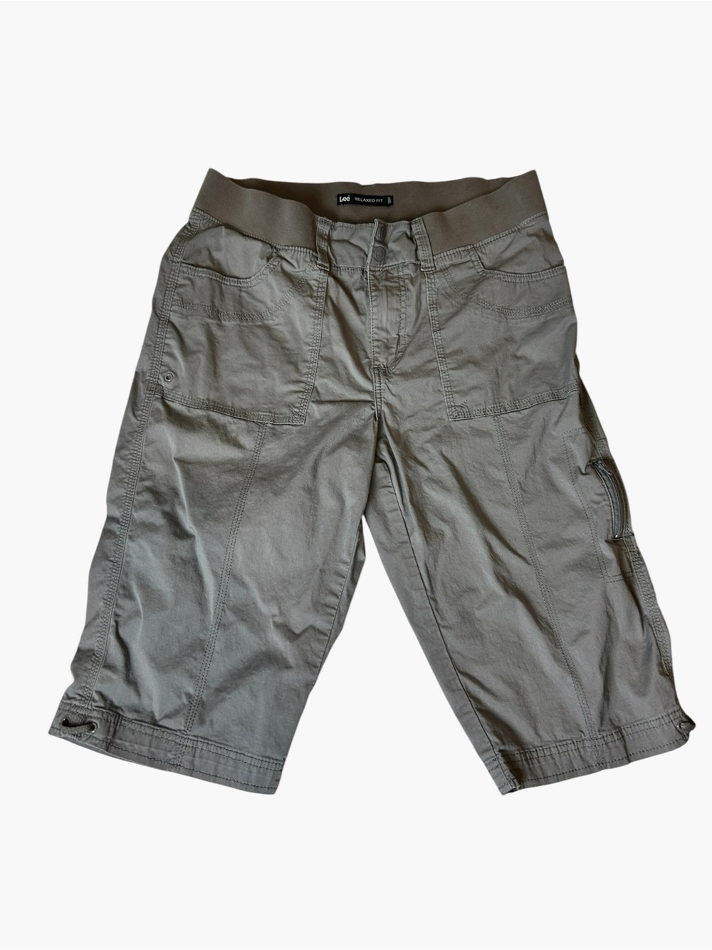 Lee Relaxed Fit Utility Capri Pants Gray Cargo Pockets Elastic Waist Casual Work